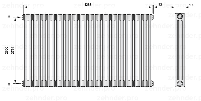 Схема (чертеж) Радиатор Zehnder Charleston 3280/28 №1270 Белый глянцевый RAL 9016